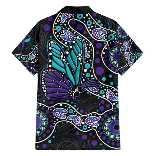 Australia Indigenous Family Matching Puletasi and Hawaiian Shirt Teal & Purple Ribbon Butterfly Aboriginal Arts