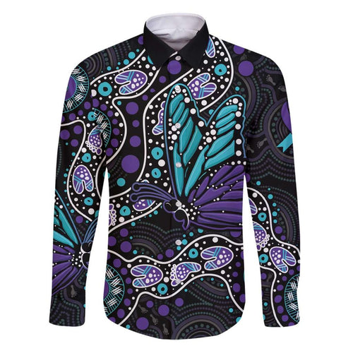 Australia Indigenous Family Matching Puletasi and Hawaiian Shirt Teal & Purple Ribbon Butterfly Aboriginal Arts