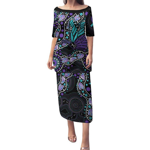 Australia Indigenous Family Matching Puletasi and Hawaiian Shirt Teal & Purple Ribbon Butterfly Aboriginal Arts
