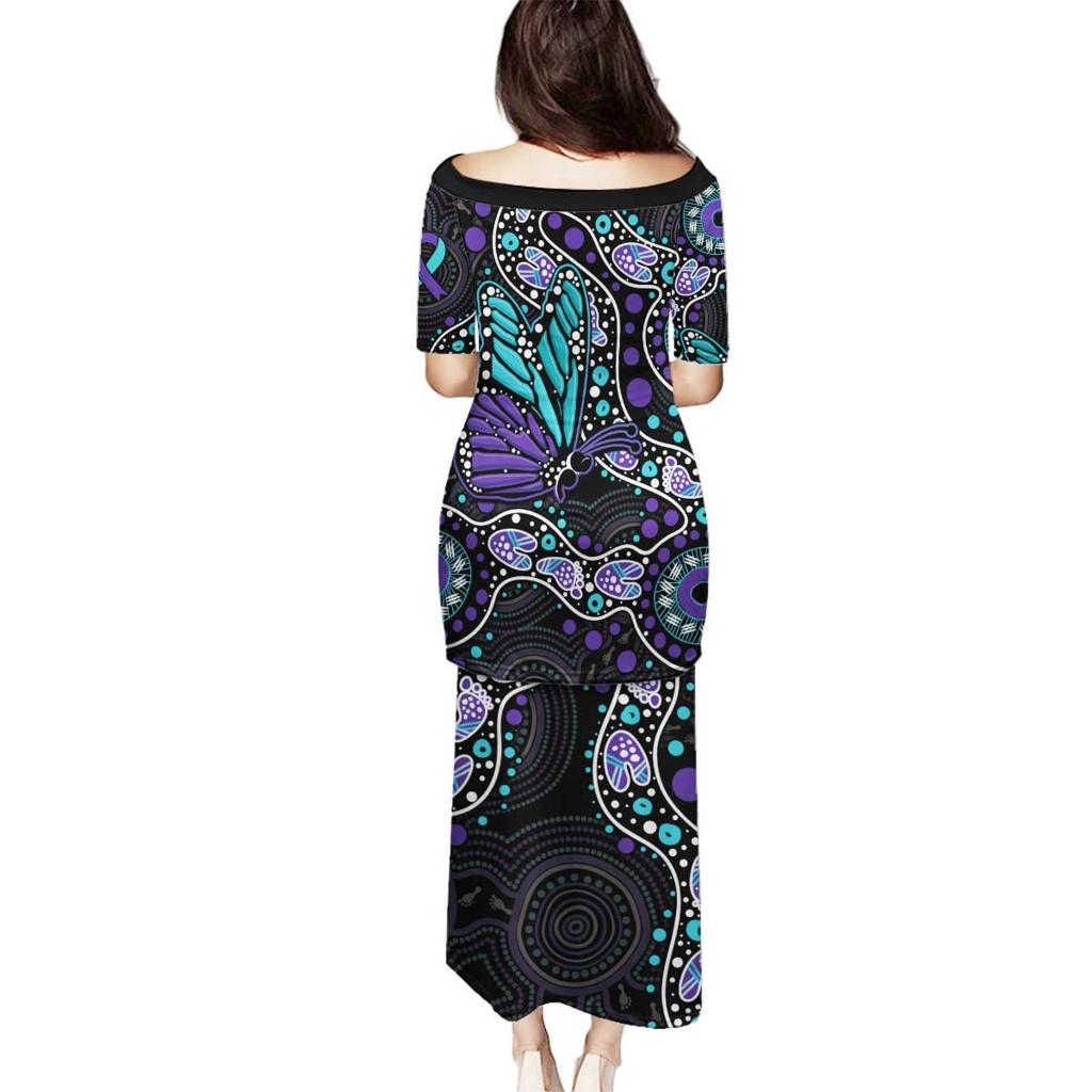 Australia Indigenous Family Matching Puletasi and Hawaiian Shirt Teal & Purple Ribbon Butterfly Aboriginal Arts