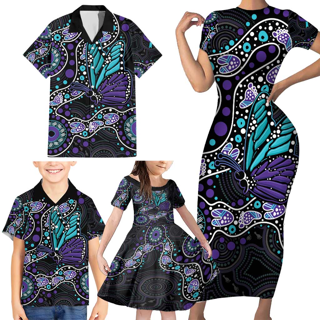 Australia Indigenous Family Matching Short Sleeve Bodycon Dress and Hawaiian Shirt Teal & Purple Ribbon Butterfly Aboriginal Arts