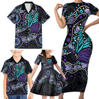 Australia Indigenous Family Matching Short Sleeve Bodycon Dress and Hawaiian Shirt Teal & Purple Ribbon Butterfly Aboriginal Arts