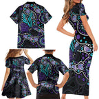 Australia Indigenous Family Matching Short Sleeve Bodycon Dress and Hawaiian Shirt Teal & Purple Ribbon Butterfly Aboriginal Arts