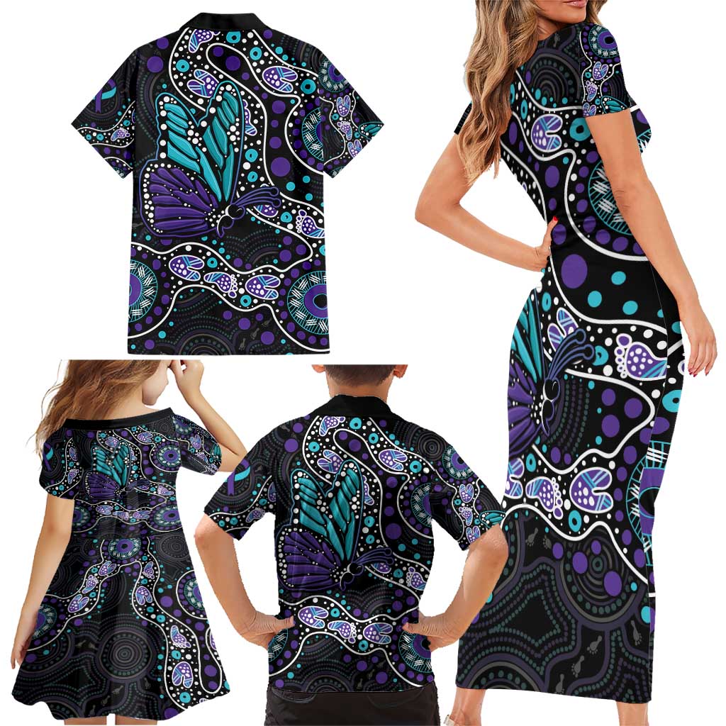 Australia Indigenous Family Matching Short Sleeve Bodycon Dress and Hawaiian Shirt Teal & Purple Ribbon Butterfly Aboriginal Arts