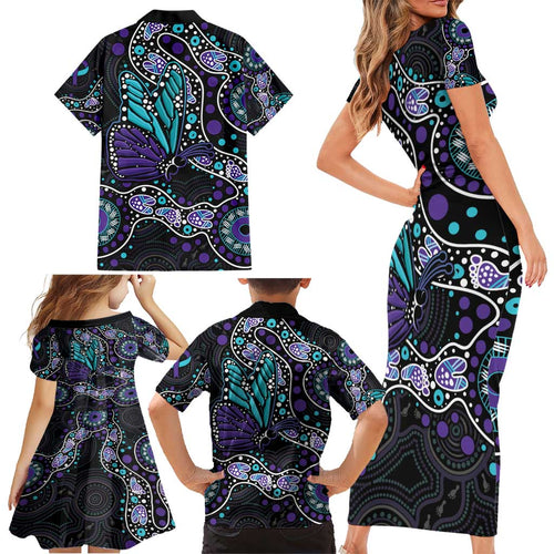 Australia Indigenous Family Matching Short Sleeve Bodycon Dress and Hawaiian Shirt Teal & Purple Ribbon Butterfly Aboriginal Arts