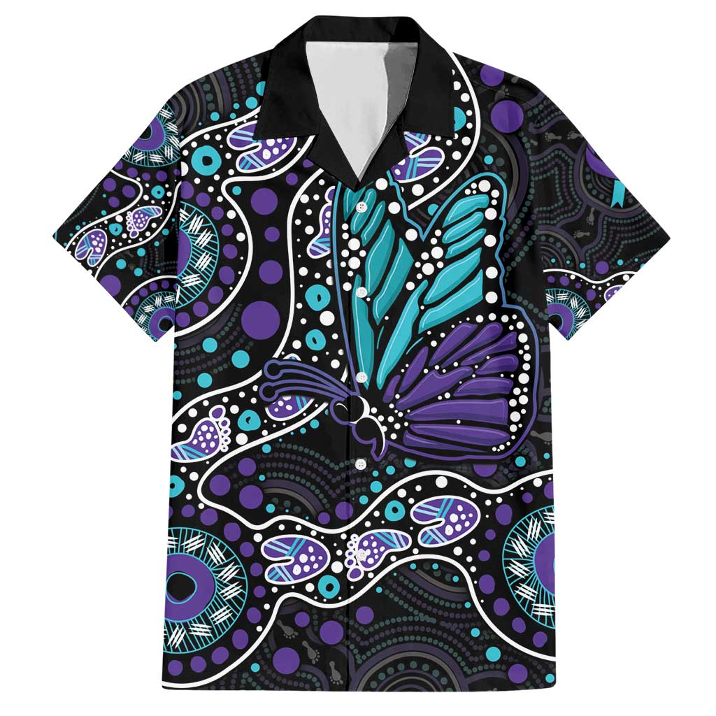 Australia Indigenous Family Matching Short Sleeve Bodycon Dress and Hawaiian Shirt Teal & Purple Ribbon Butterfly Aboriginal Arts