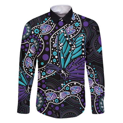Australia Indigenous Family Matching Short Sleeve Bodycon Dress and Hawaiian Shirt Teal & Purple Ribbon Butterfly Aboriginal Arts