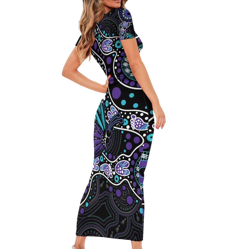 Australia Indigenous Family Matching Short Sleeve Bodycon Dress and Hawaiian Shirt Teal & Purple Ribbon Butterfly Aboriginal Arts
