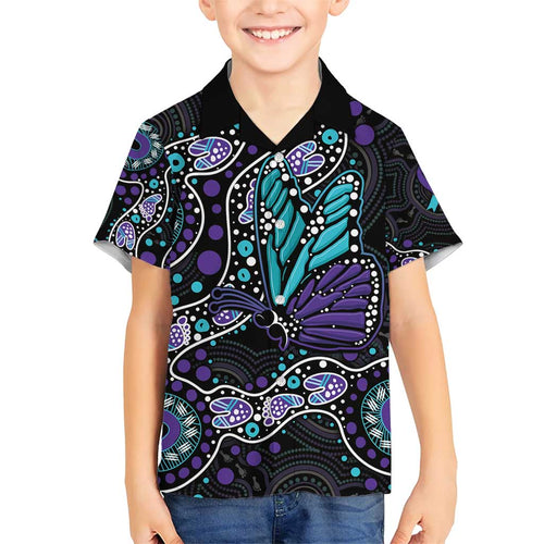 Australia Indigenous Family Matching Short Sleeve Bodycon Dress and Hawaiian Shirt Teal & Purple Ribbon Butterfly Aboriginal Arts