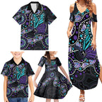 Australia Indigenous Family Matching Summer Maxi Dress and Hawaiian Shirt Teal & Purple Ribbon Butterfly Aboriginal Arts