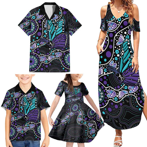 Australia Indigenous Family Matching Summer Maxi Dress and Hawaiian Shirt Teal & Purple Ribbon Butterfly Aboriginal Arts