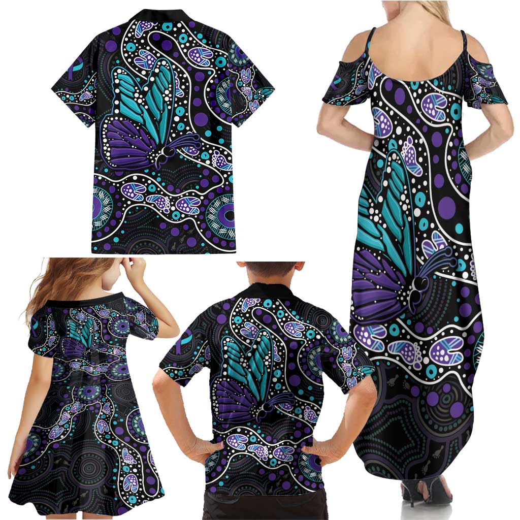 Australia Indigenous Family Matching Summer Maxi Dress and Hawaiian Shirt Teal & Purple Ribbon Butterfly Aboriginal Arts