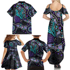Australia Indigenous Family Matching Summer Maxi Dress and Hawaiian Shirt Teal & Purple Ribbon Butterfly Aboriginal Arts
