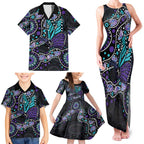 Australia Indigenous Family Matching Tank Maxi Dress and Hawaiian Shirt Teal & Purple Ribbon Butterfly Aboriginal Arts