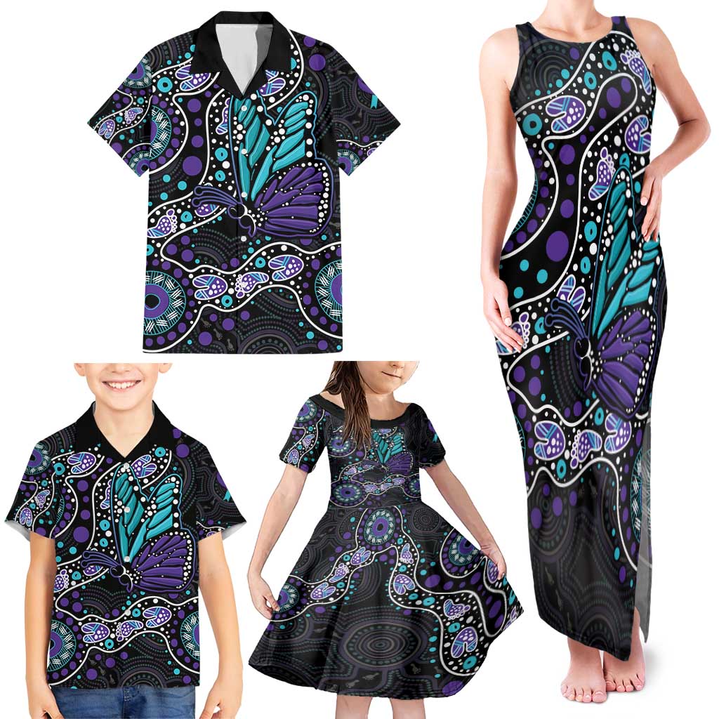 Australia Indigenous Family Matching Tank Maxi Dress and Hawaiian Shirt Teal & Purple Ribbon Butterfly Aboriginal Arts