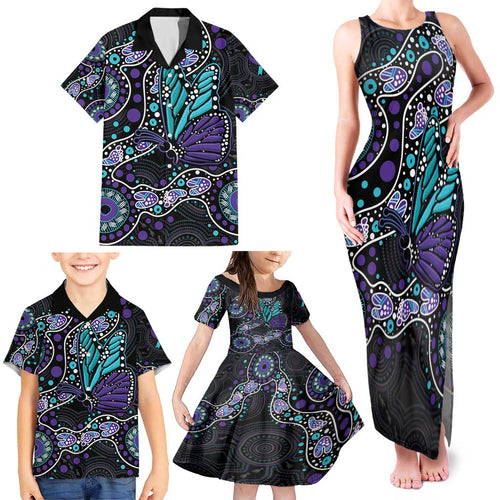 Australia Indigenous Family Matching Tank Maxi Dress and Hawaiian Shirt Teal & Purple Ribbon Butterfly Aboriginal Arts