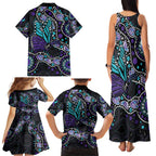 Australia Indigenous Family Matching Tank Maxi Dress and Hawaiian Shirt Teal & Purple Ribbon Butterfly Aboriginal Arts