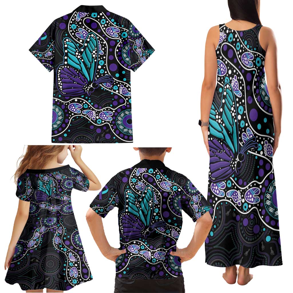 Australia Indigenous Family Matching Tank Maxi Dress and Hawaiian Shirt Teal & Purple Ribbon Butterfly Aboriginal Arts