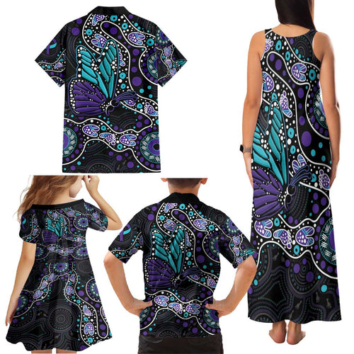 Australia Indigenous Family Matching Tank Maxi Dress and Hawaiian Shirt Teal & Purple Ribbon Butterfly Aboriginal Arts
