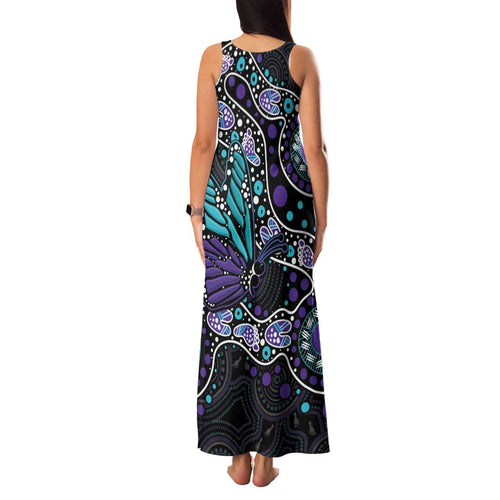 Australia Indigenous Family Matching Tank Maxi Dress and Hawaiian Shirt Teal & Purple Ribbon Butterfly Aboriginal Arts