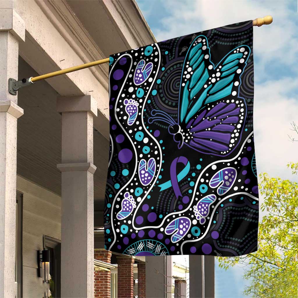 Australia Indigenous Garden Flag Teal & Purple Ribbon Butterfly Aboriginal Arts