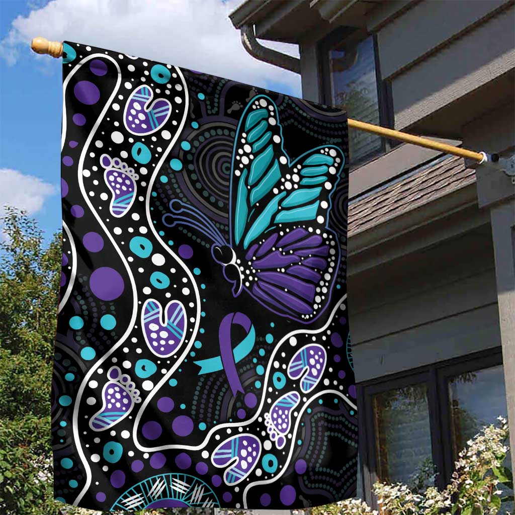 Australia Indigenous Garden Flag Teal & Purple Ribbon Butterfly Aboriginal Arts