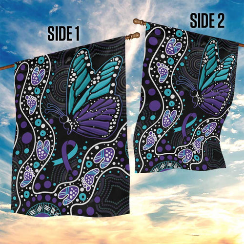 Australia Indigenous Garden Flag Teal & Purple Ribbon Butterfly Aboriginal Arts