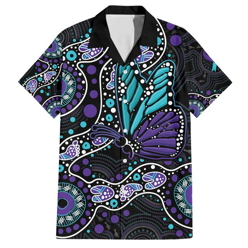 Australia Indigenous Hawaiian Shirt Teal & Purple Ribbon Butterfly Aboriginal Arts
