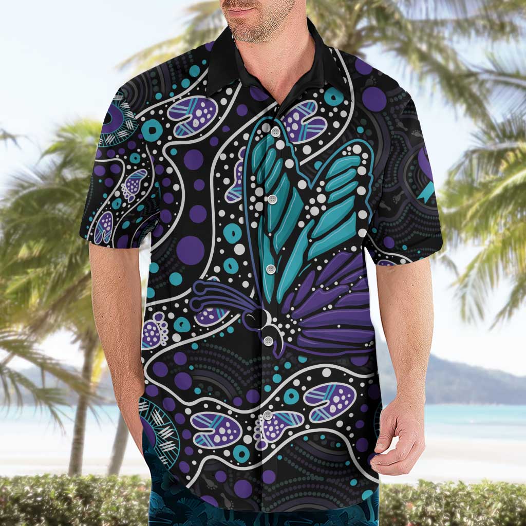 Australia Indigenous Hawaiian Shirt Teal & Purple Ribbon Butterfly Aboriginal Arts