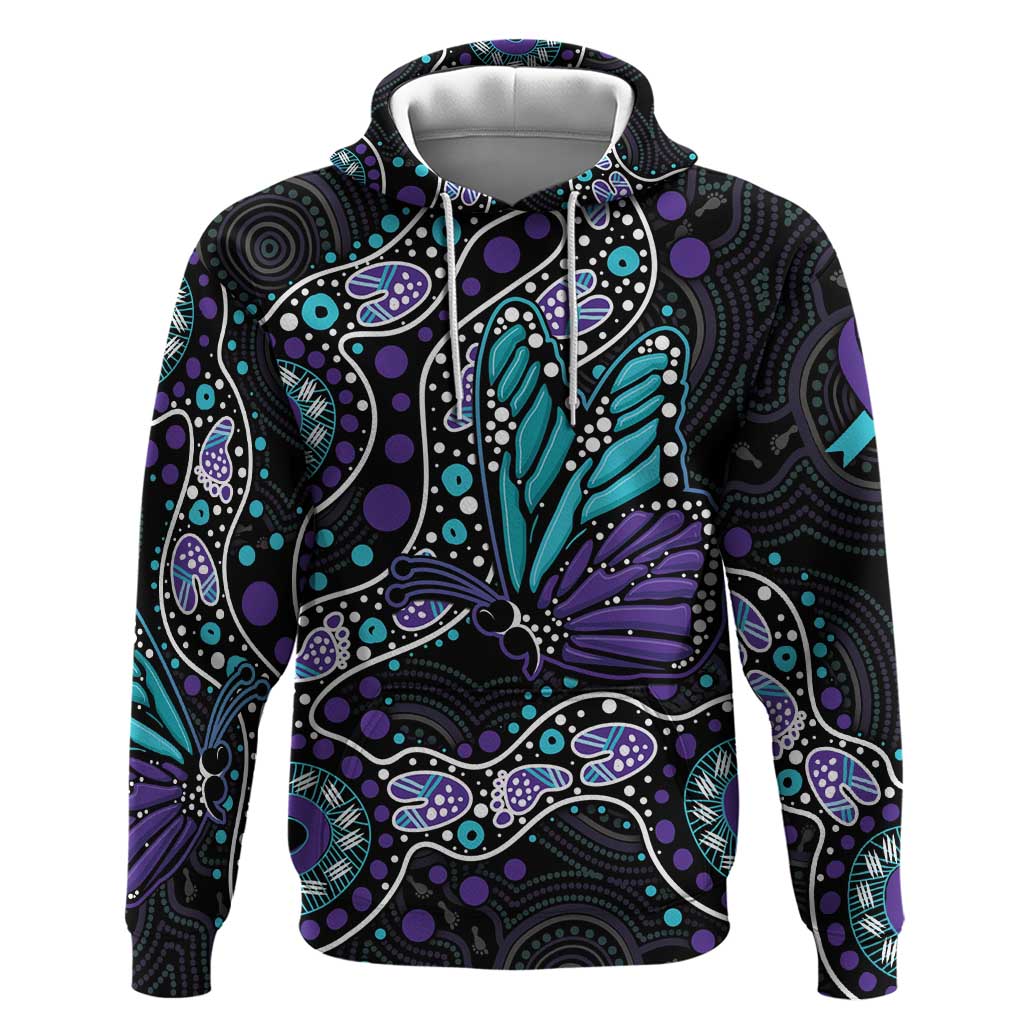 Australia Indigenous Hoodie Teal & Purple Ribbon Butterfly Aboriginal Arts