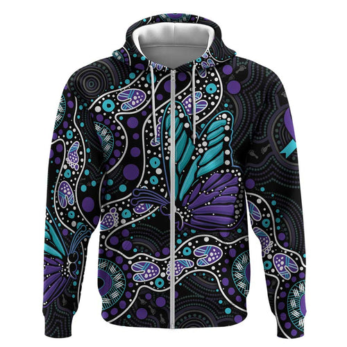 Australia Indigenous Hoodie Teal & Purple Ribbon Butterfly Aboriginal Arts
