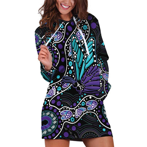 Australia Indigenous Hoodie Dress Teal & Purple Ribbon Butterfly Aboriginal Arts
