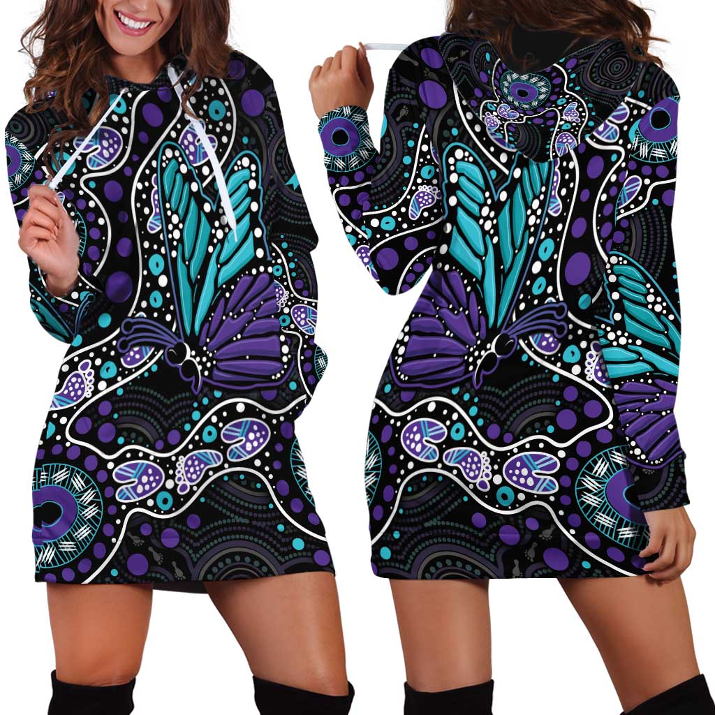 Australia Indigenous Hoodie Dress Teal & Purple Ribbon Butterfly Aboriginal Arts