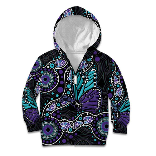 Australia Indigenous Kid Hoodie Teal & Purple Ribbon Butterfly Aboriginal Arts