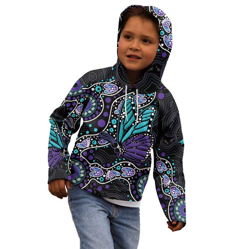 Australia Indigenous Kid Hoodie Teal & Purple Ribbon Butterfly Aboriginal Arts