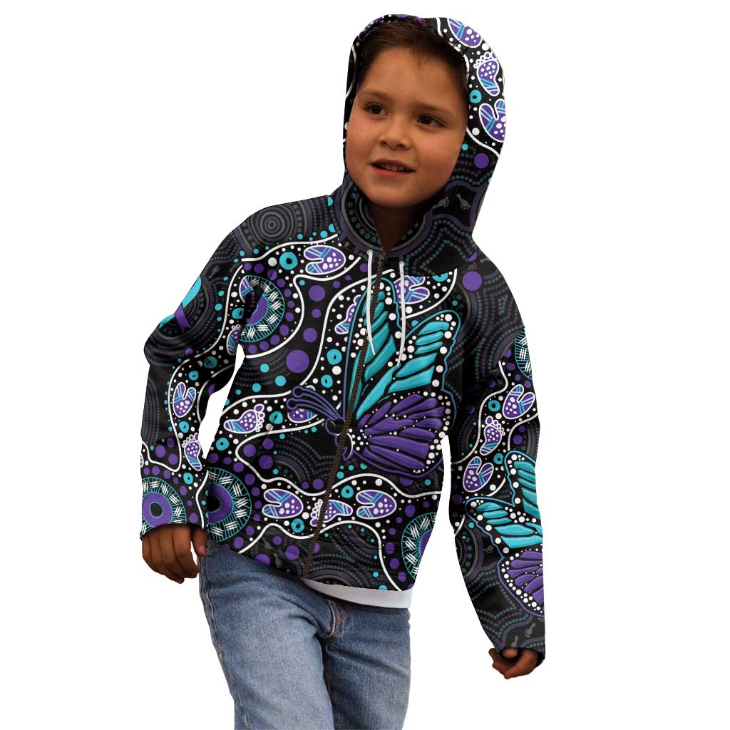Australia Indigenous Kid Hoodie Teal & Purple Ribbon Butterfly Aboriginal Arts