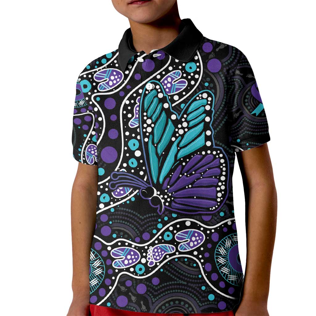 Australia Indigenous Kid Polo Shirt Teal & Purple Ribbon Butterfly Aboriginal Arts