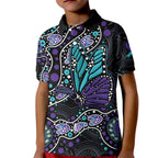 Australia Indigenous Kid Polo Shirt Teal & Purple Ribbon Butterfly Aboriginal Arts
