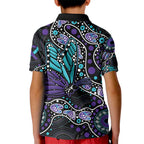 Australia Indigenous Kid Polo Shirt Teal & Purple Ribbon Butterfly Aboriginal Arts