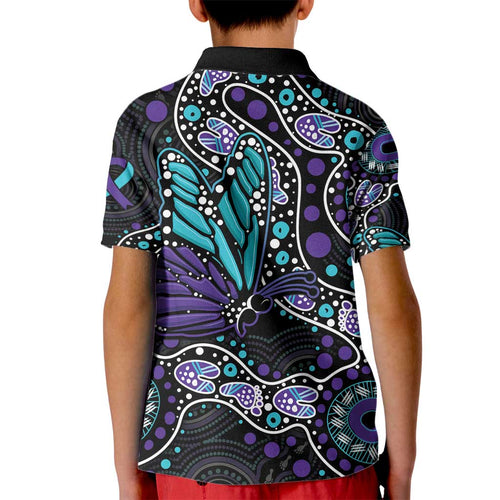 Australia Indigenous Kid Polo Shirt Teal & Purple Ribbon Butterfly Aboriginal Arts