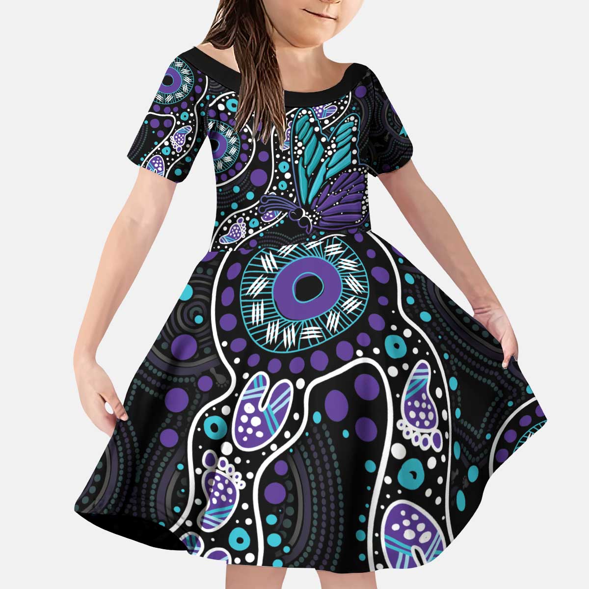 Australia Indigenous Kid Short Sleeve Dress Teal & Purple Ribbon Butterfly Aboriginal Arts