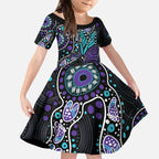 Australia Indigenous Kid Short Sleeve Dress Teal & Purple Ribbon Butterfly Aboriginal Arts