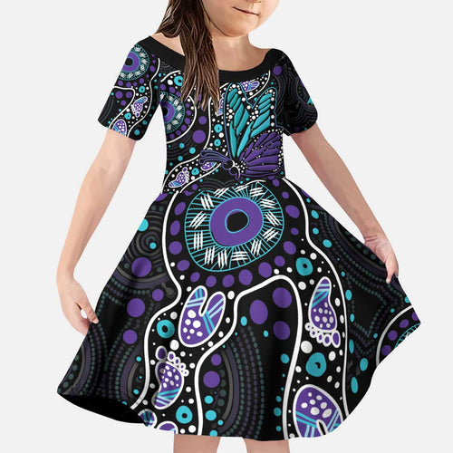 Australia Indigenous Kid Short Sleeve Dress Teal & Purple Ribbon Butterfly Aboriginal Arts