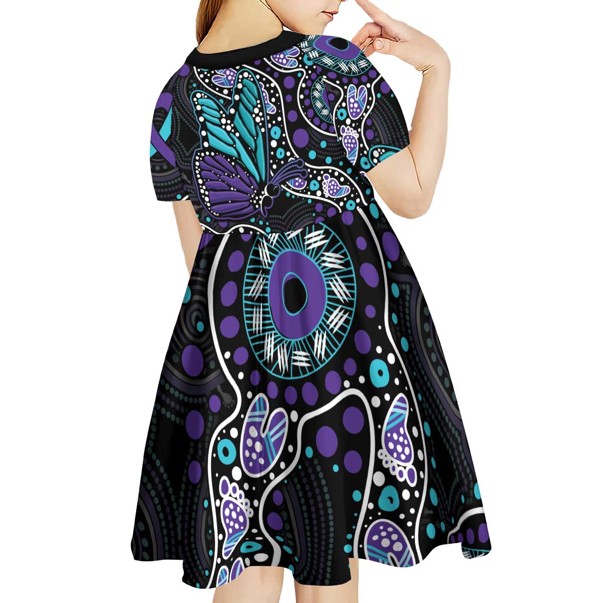 Australia Indigenous Kid Short Sleeve Dress Teal & Purple Ribbon Butterfly Aboriginal Arts