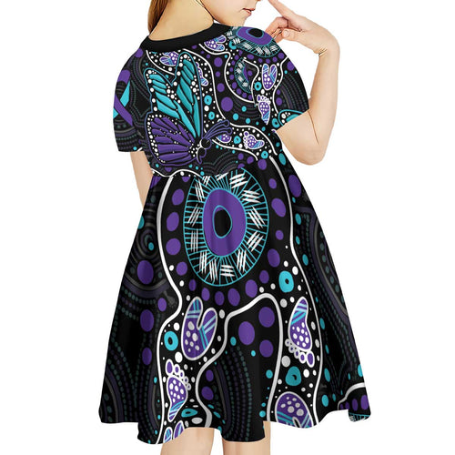 Australia Indigenous Kid Short Sleeve Dress Teal & Purple Ribbon Butterfly Aboriginal Arts