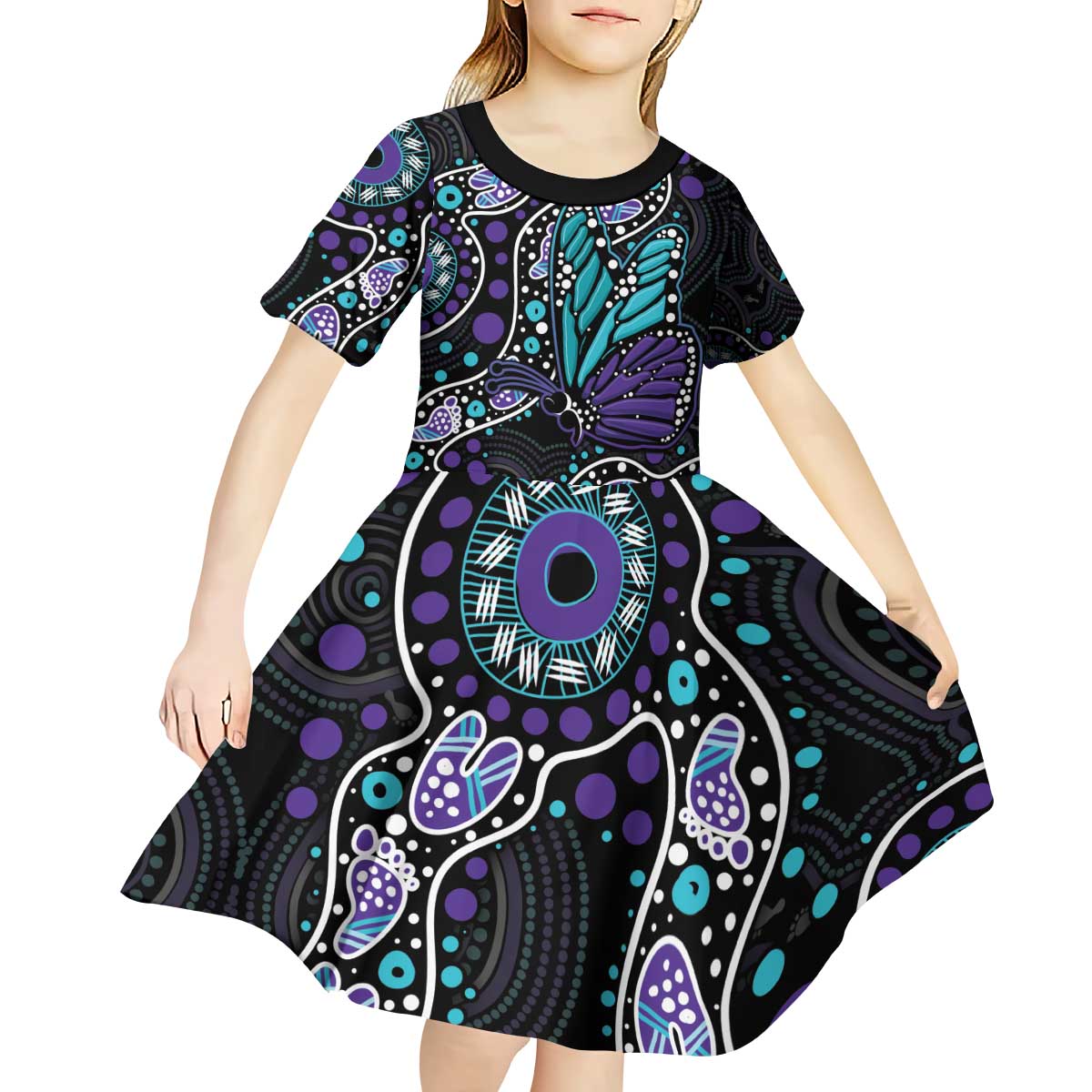 Australia Indigenous Kid Short Sleeve Dress Teal & Purple Ribbon Butterfly Aboriginal Arts