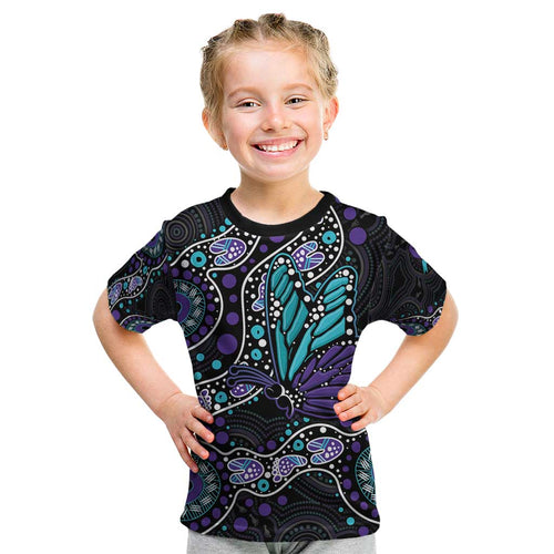 Australia Indigenous Kid T Shirt Teal & Purple Ribbon Butterfly Aboriginal Arts
