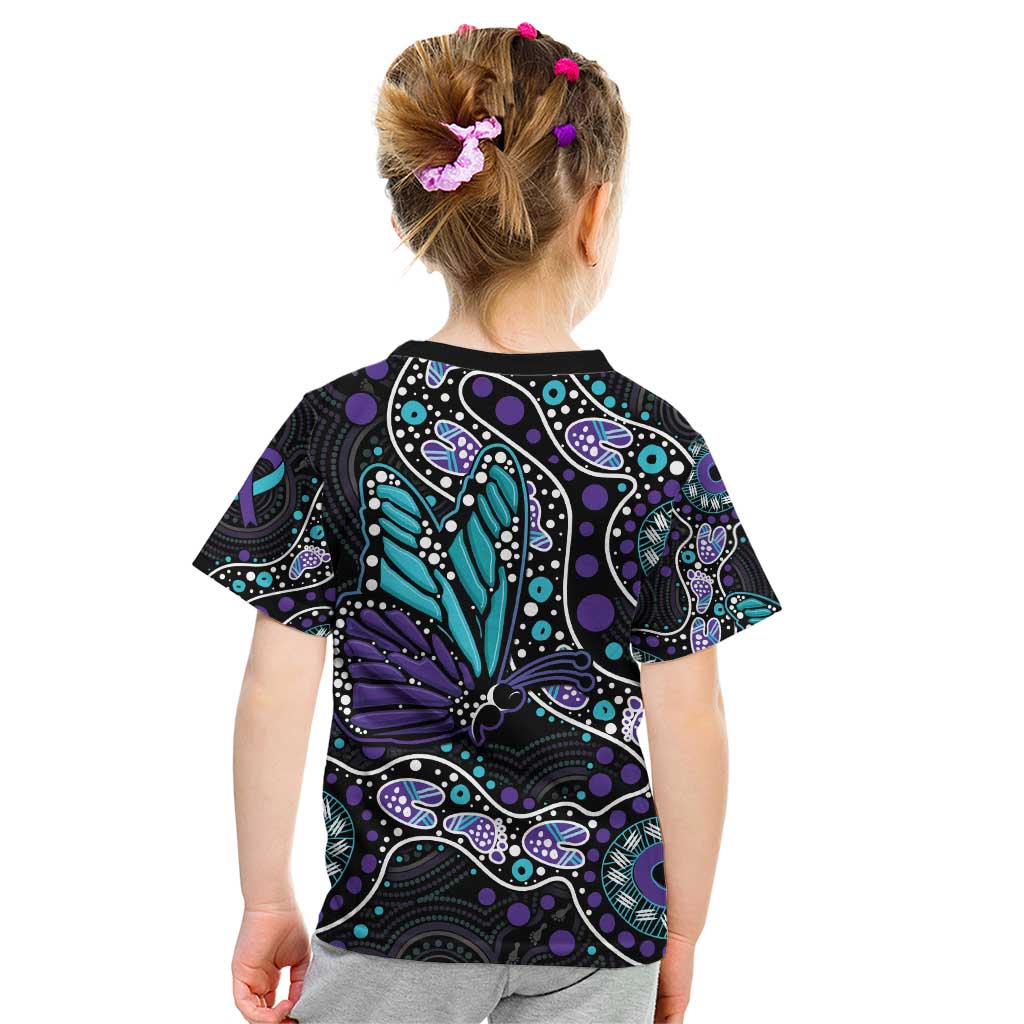 Australia Indigenous Kid T Shirt Teal & Purple Ribbon Butterfly Aboriginal Arts