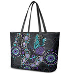 Australia Indigenous Leather Tote Bag Teal & Purple Ribbon Butterfly Aboriginal Arts