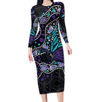 Australia Indigenous Long Sleeve Bodycon Dress Teal & Purple Ribbon Butterfly Aboriginal Arts
